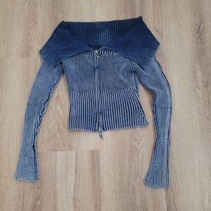 Jaded London Blue Ribbed Off-Shoulder Sweater